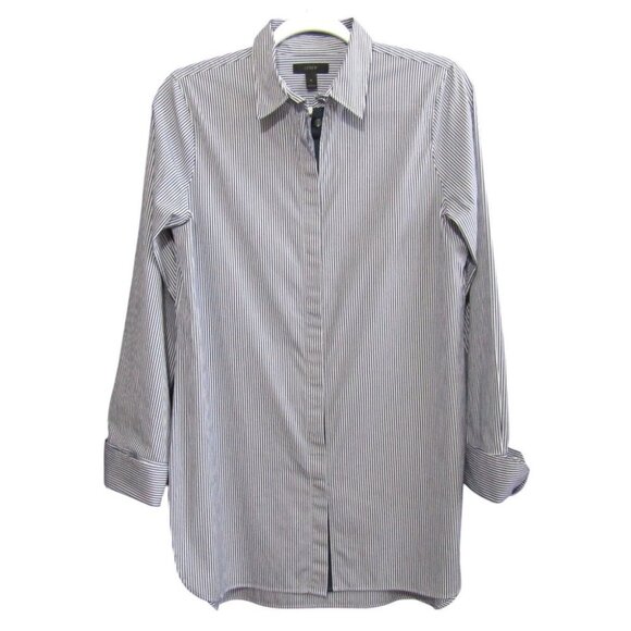 J Crew Navy Blue Stripe Endless Shirt Size 6 Button Front Tunic Pinstripe A9873 - Picture 1 of 9